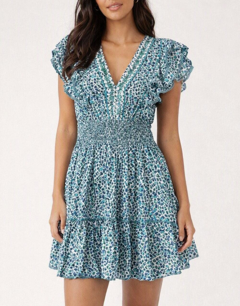 Poupette St. Barth Camila Printed V Neck Short Sleeve Mini Dress Green Medium